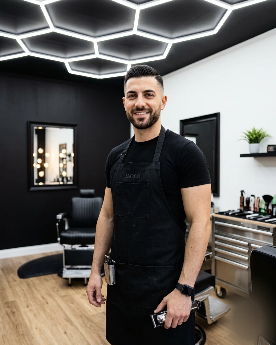 Marco, il fondatore di Distretto Barba, nel suo salone a Quartu Sant'Elena